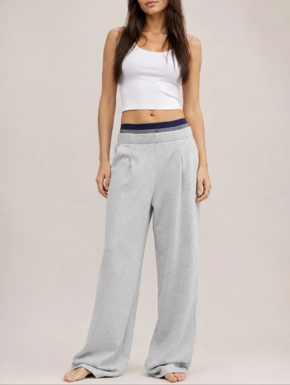 Aerie Wide Leg Pleated Trouser Slouchy  Sweatpants In Light Gray Size Medium NEW - Picture 2 of 7